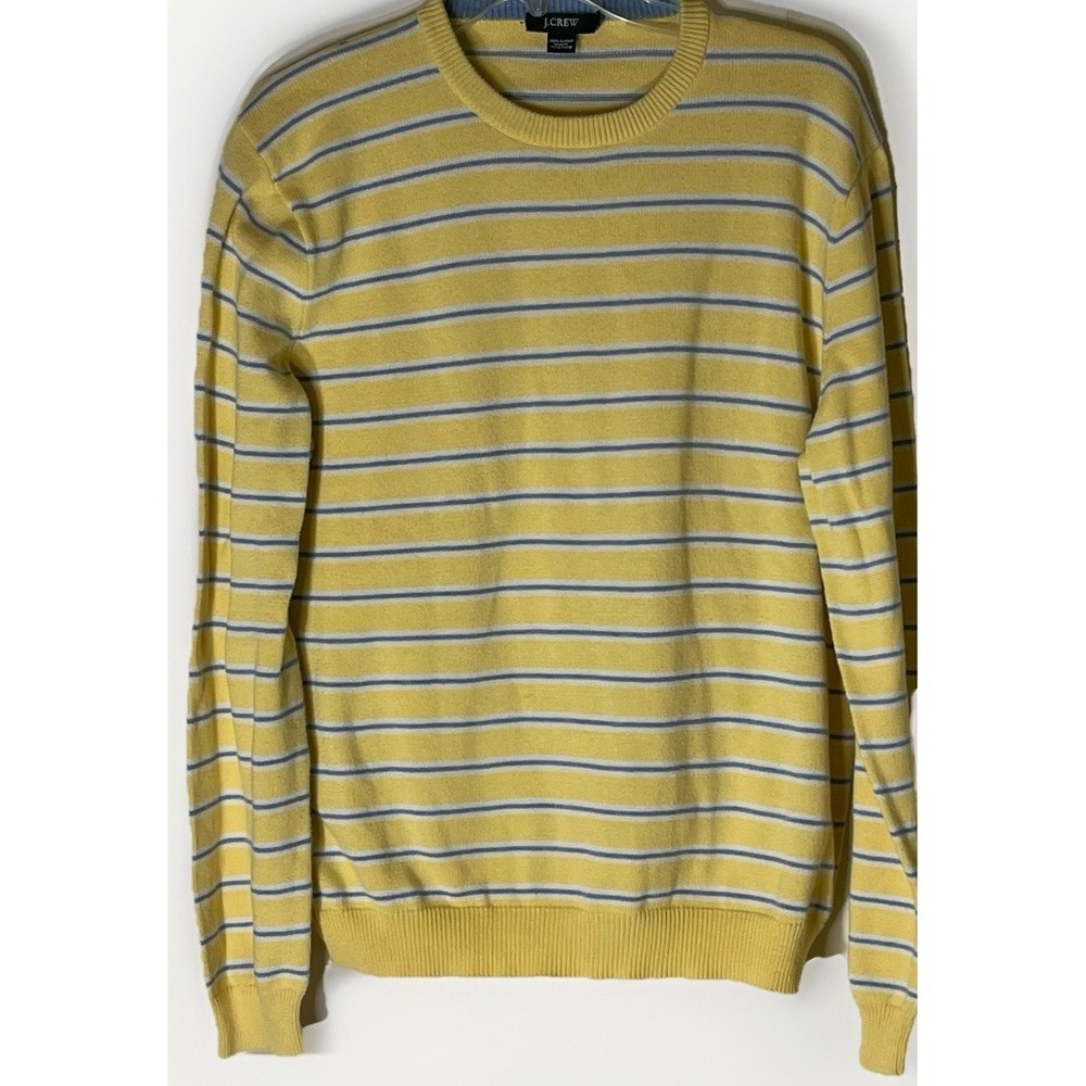 Vintage J.Crew Men's Medium 100% Cotton Yellow Blue Striped Pullover‎ Sweater